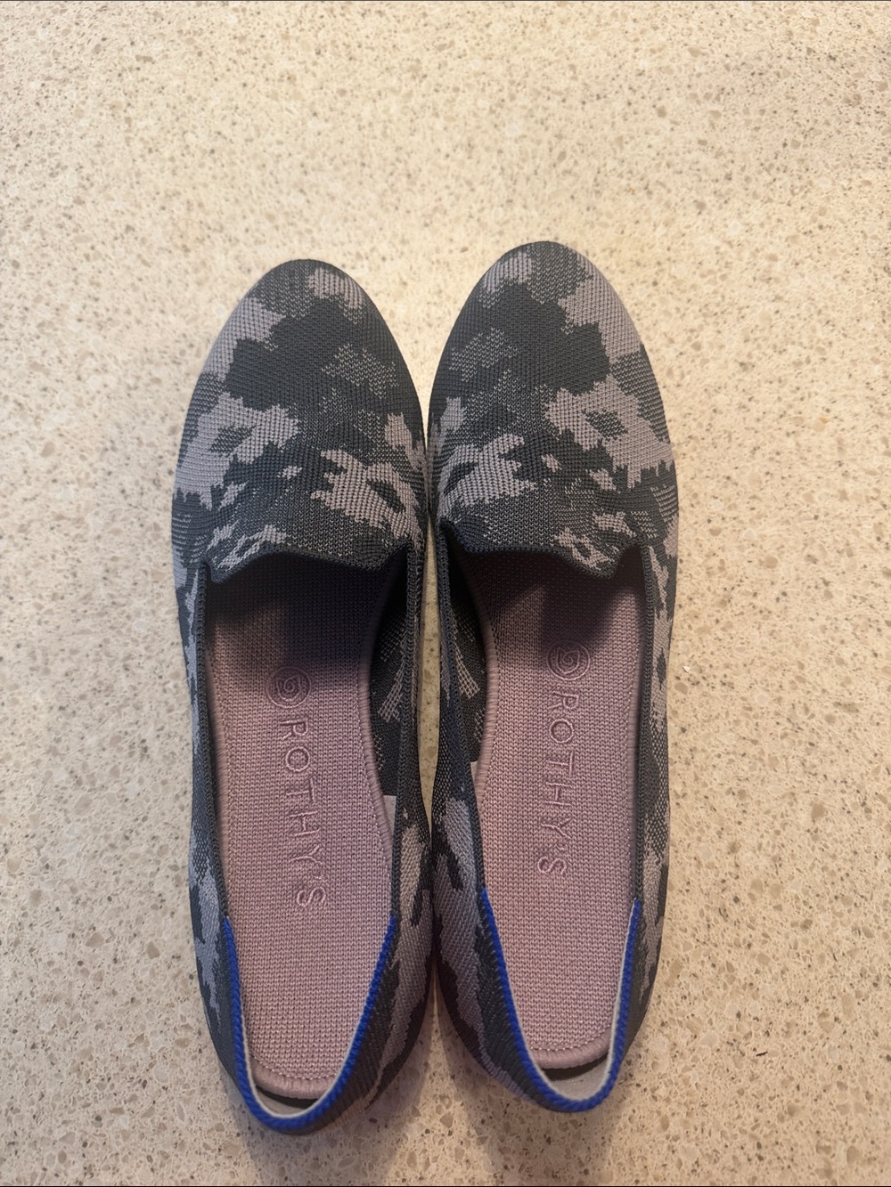 Rothy's Gray and Black Camouflage Knit Slip-On Flats with Blue Trim